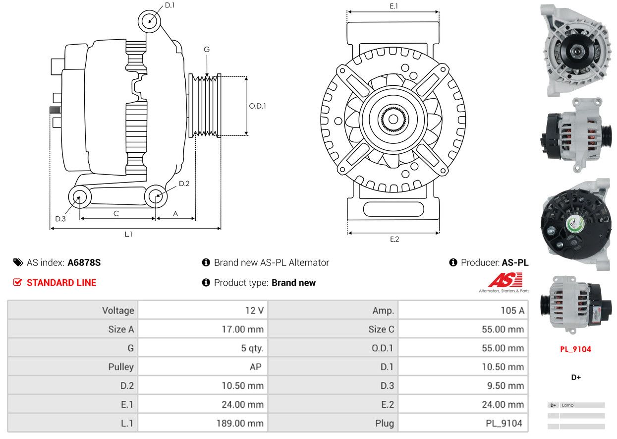 ALTERNATOR FIAT: 500 1.2, 500 1.4, BRAVO 1.4 16V MULTIAIR - A6878S AS-PL – Image 5