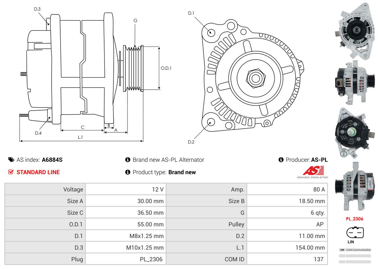 ALTERNATOR TOYOTA: VIOS 1.3 VVT-I, VIOS 1.5 VVT-I, YARIS III SALOON (_P15 - A6884S AS-PL – Image 5