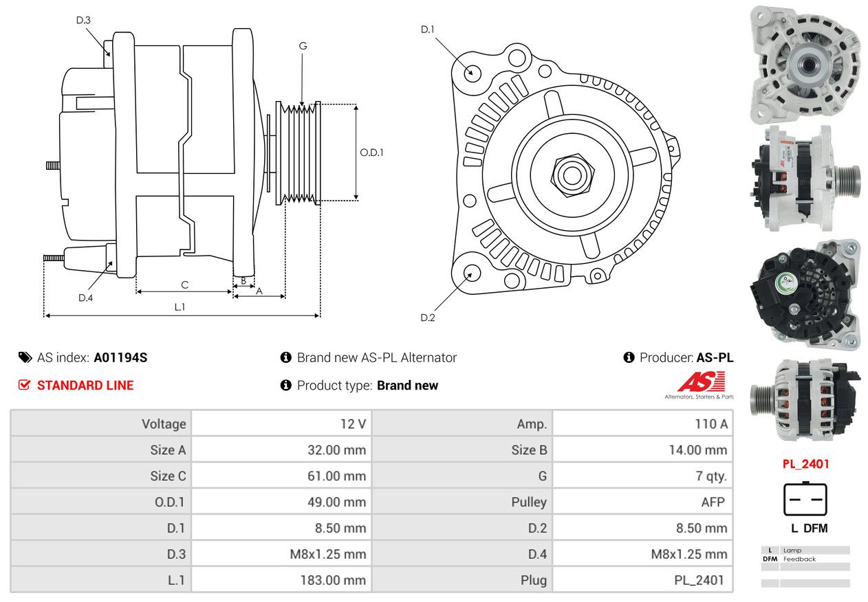 ALTERNATOR DACIA: DOKKER BOX BODY/MPV 1.2 TCE 115 (FEAY), DOKKER BOX BODY/MPV 1. - A01194S AS-PL – Image 5