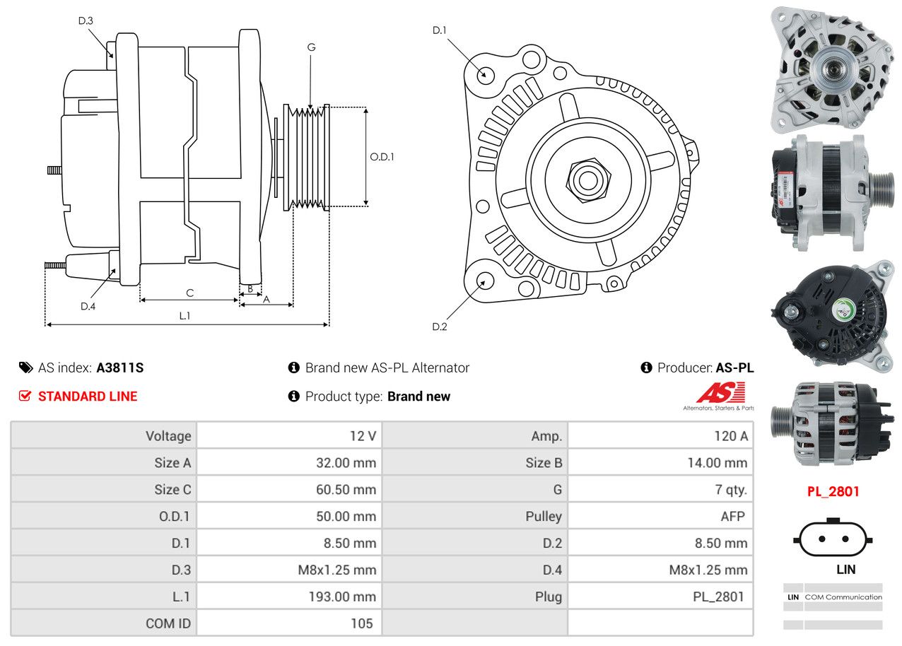 ALTERNATOR DACIA: DUSTER (HM_) , DUSTER (HM_) 1.0 LPG (HMMT), DUSTER (HM_) 1.0 T - A3811S AS-PL – Image 5