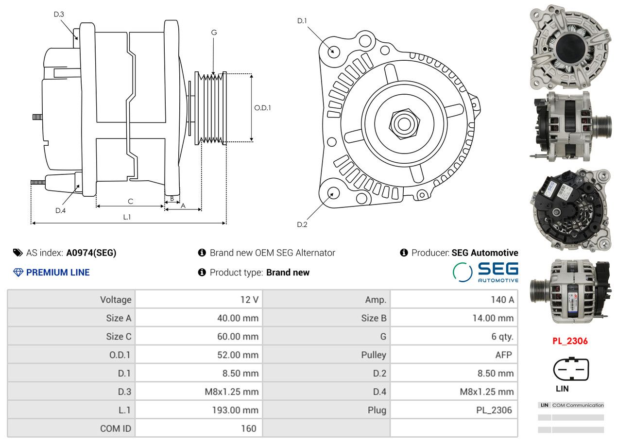 ALTERNATOR VW: PASSAT B8 2.0 TDI, PASSAT B8 2.0 TDI 4MOTION,SKODA: SUPERB 2.0 TDI, SUPERB 2.0 TDI 4X4 - A0974_SEG AS-PL – Image 5