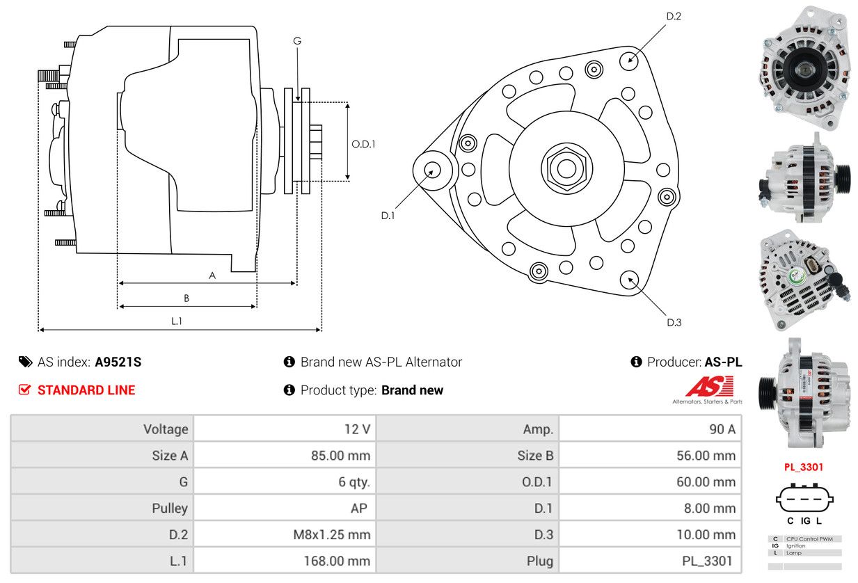 ALTERNATOR CHERY: A3 1.6, A3 1.8, A5 1.8 - A9521S AS-PL – Image 5