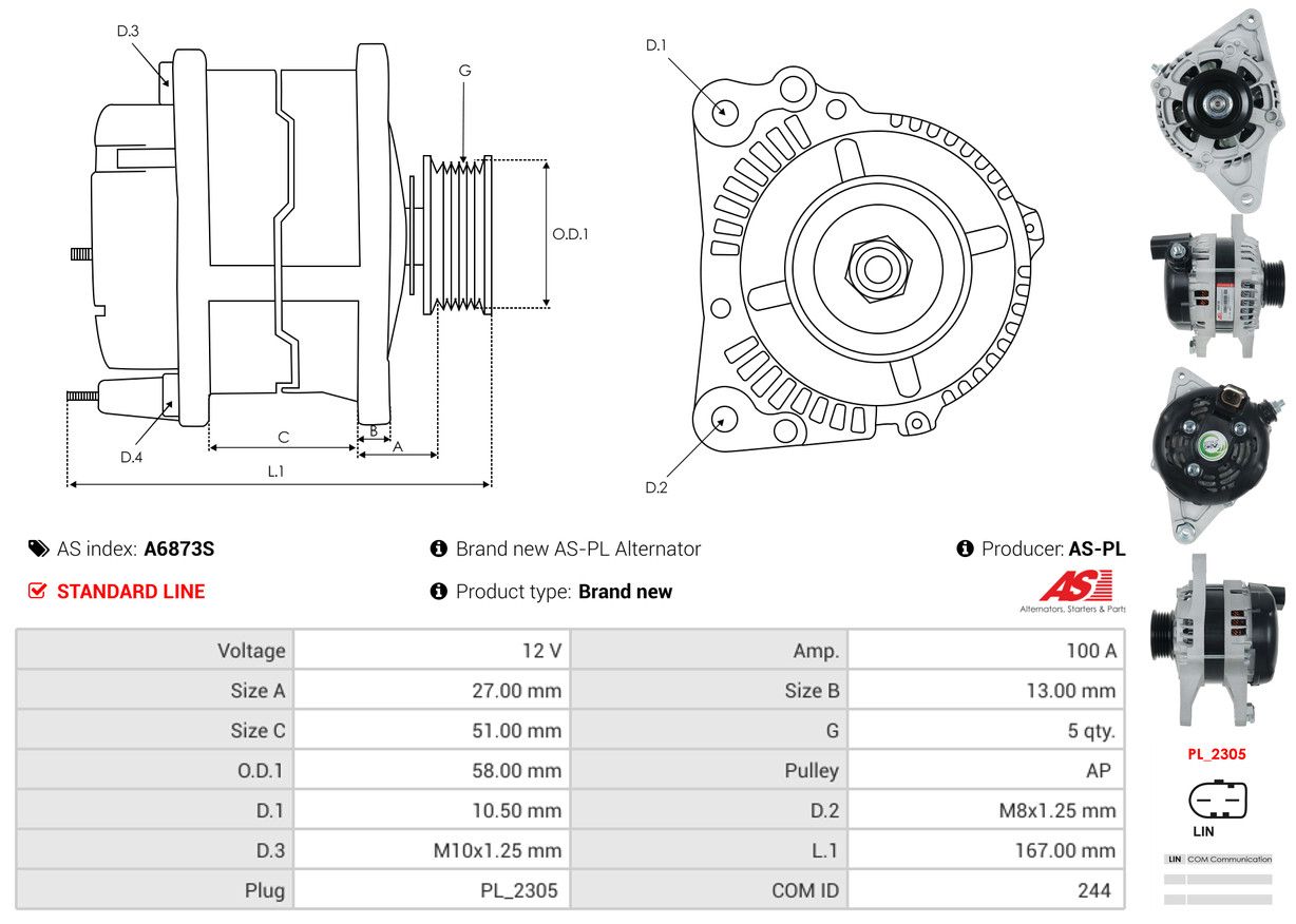 ALTERNATOR SUZUKI: SX4 S-CROSS (JY) 1.4 T (AKK414), SX4 S-CROSS (JY) 1.4 T ALLGR - A6873S AS-PL – Image 5